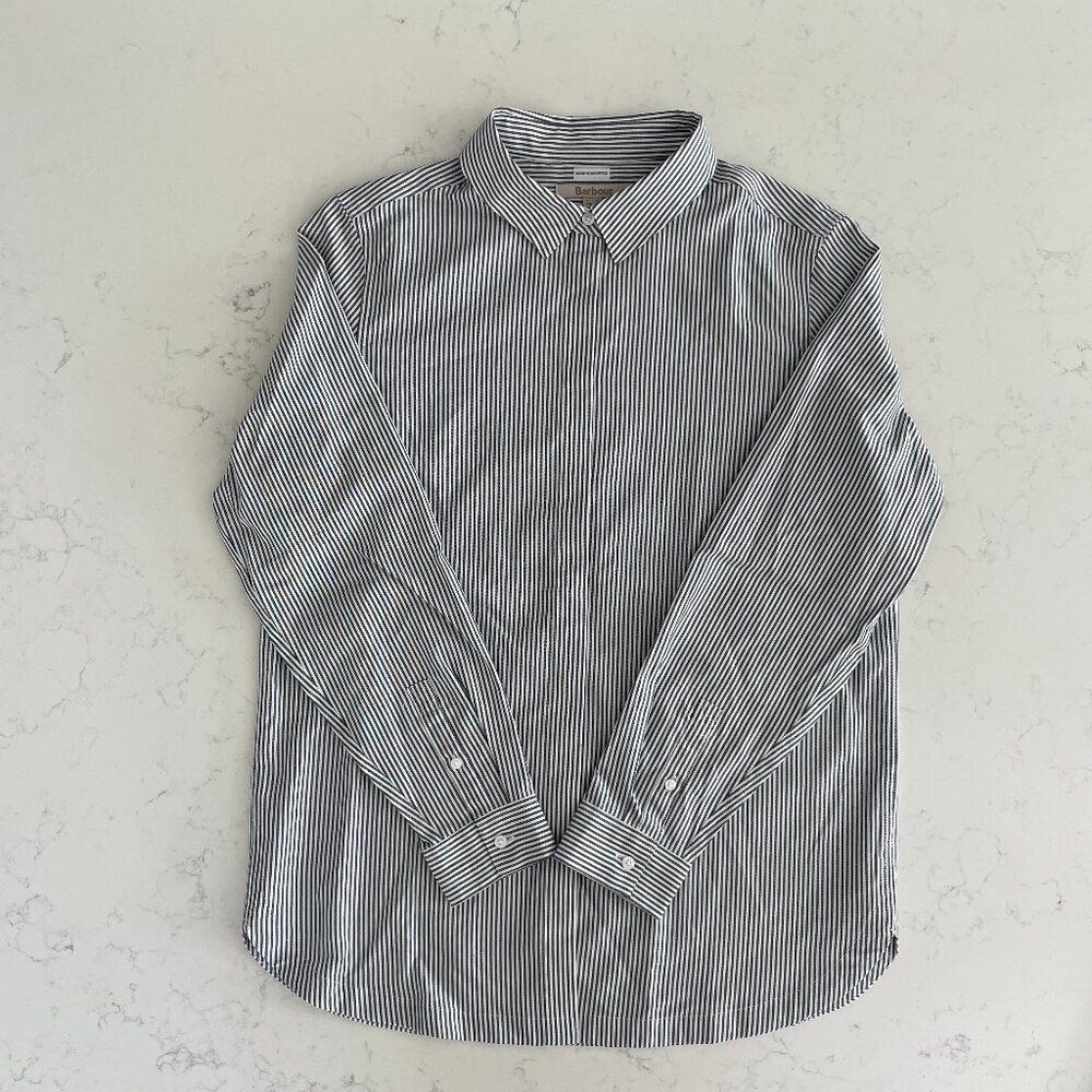 Barbour Classic LS Button Down Hidden Placket Striped Shirt Black White UK 10